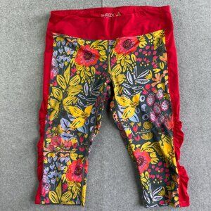 Shredly Floral Workout Capri Leggings L, Red Side Ruched Active Capri, USA Made